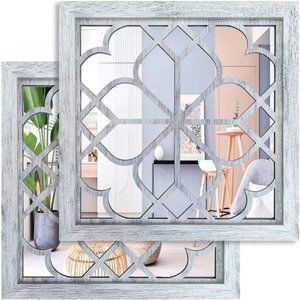 2 PCS Square  Wall Mirror,Gorgeous Rustic Farmhouse Accent Mirror,Rustic White